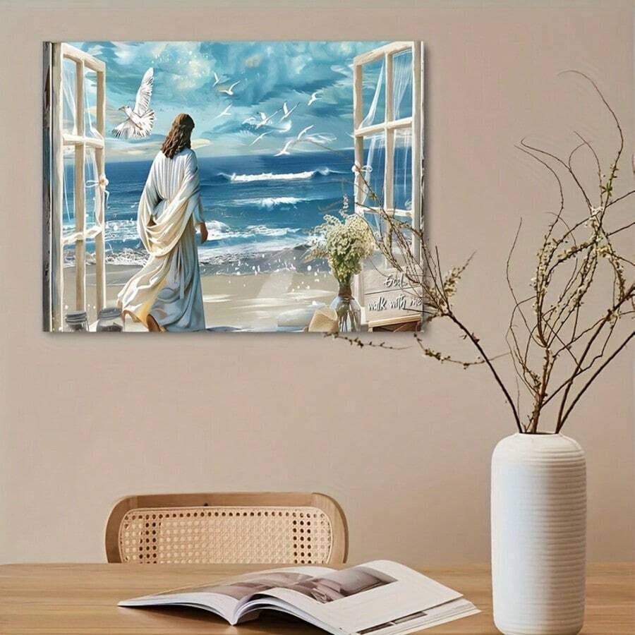 [Inspirational Beach Art] 1pc Wooden Framed/Unframed Fake Window Beach Canvas Wall Painting, Inspirational Beach Wall Decor, God Walk With Me Beach Wall Sticker, Farmhouse Coast Floral Wall Painting, Ocean Seagull Theme, 2D Flat Print Poster