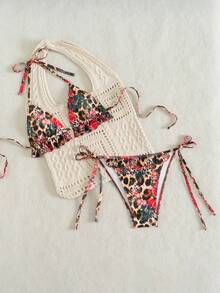 Women's Leopard Print Halter Backless Twist Bikini Set - Multicolor - View 3