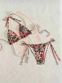 Women's Leopard Print Halter Backless Twist Bikini Set