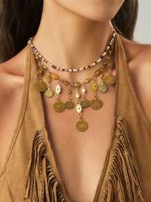 2 件复古硬币吊坠项链，异国风情串珠项链，西部牛仔风格颈链，适合女性日常、派对、节日穿着，是送给朋友和家人的绝佳礼物（附尺码表）