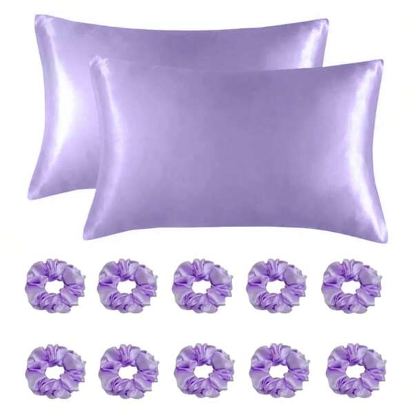 12pcs Hair Care Set, Solid Satin Pillowcase - Soft Pillowcase, Suitable For Hair And Skin, Anti-Wrinkle, Machine Washable, Solid Satin Design, Simple Solid Color Cute Satin Headband, Claw Clips