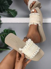 时尚、优雅、简约、复古、经典一体式防滑户外沙滩凉鞋，春夏季 - 米色 - 查看 5