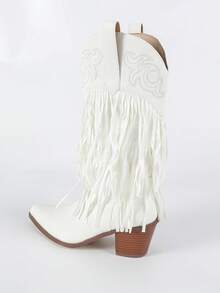 休闲时尚百搭流苏装饰粗跟女式西部靴 - 白色 - 查看 4