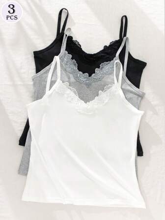 3pcs Lace Camisole Tank Tops For Women, Versatile Innerwear