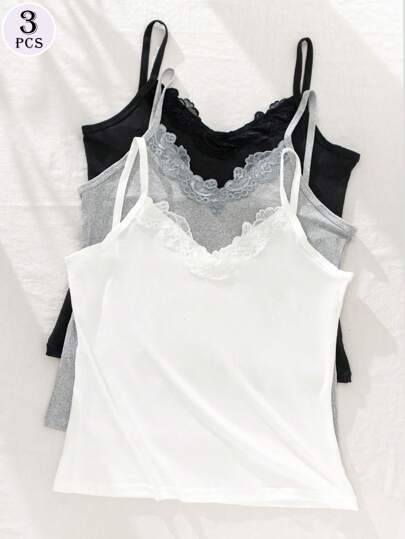 3pcs Lace Camisole Tank Tops For Women, Versatile Innerwear