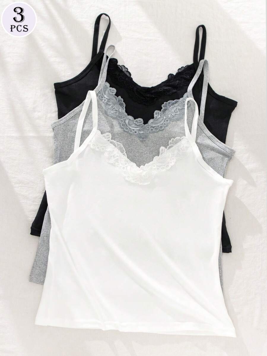 3pcs Lace Camisole Tank Tops For Women, Versatile Innerwear