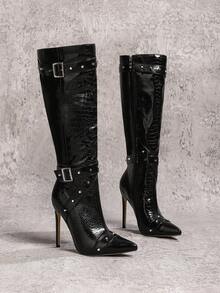 Thu/Đông 2025 12cm Thời trang gợi cảm Dây da Khóa kim loại Đinh tán Mũi nhọn Thường ngày Đa năng Khóa kéo bên Bốt cao, Bốt đen, Giày cao gót - màu đen - Xem 7