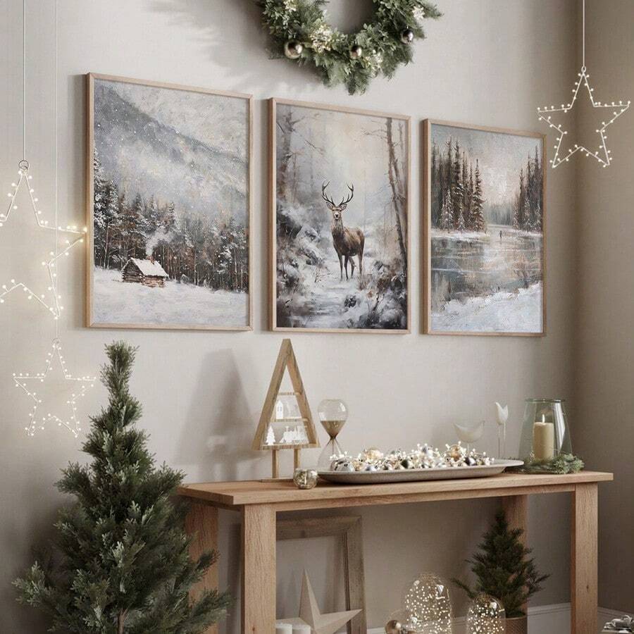 3pcs, Unframed, Vintage Moody Winter Landscape Oil Painting Prints, Snowy Forest Wall Art, Country Farmhouse Decor, Christmas Decor, Winter Posters, Canvas Art For Living Room, Bedroom, Kitchen, Home Office, Cafe, Bar, Dorm, Hallway, Home And Room Decoration Home Decor Christmas Decorations