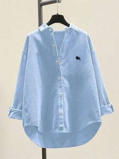 Women's Corduroy Button-Up Shirt, Loose Casual Long Sleeve Fashion Cardigan Jacket, Oversized 2025 Autumn Top, Women's Front Embroidered Blouse