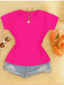 Women's Basic Viscolycra Blouse Round Neck Baby Look Short Sleeve - Hồng - Xem 3