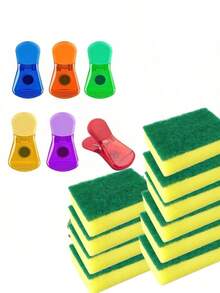 Essenciais de Armazenamento e Limpeza de Cozinha: Conjunto de 12 Clipes Portáteis para Vedação de Sacos de Lanche + Esponja/Esfregão para Lavar Louça, Utensílios de Armazenamento e Limpeza de Cozinha, Essenciais para Dormitório Escolar, Limpeza Doméstica, Limpeza de Cozinha, Limpeza para Festas