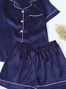 Women's Deep Floral Short Sleeve Collared Top And Shorts Set, Casual Sleepwear Without Elastic Waist, Stylish Comfortable Loungewear - 藍色 - 查看 8