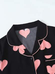 Cute Women's 2 Piece Pajama Set With Heart Print Design, Stylish And Comfortable Sleepwear For Casual And Daily Wear - màu đen - Xem 3