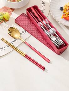 3pcs/4pcs Stainless Steel Cutlery Set, Spoon Fork Chopsticks, Student Outdoor Travel Portable Tableware With Storage Box - Multicolor - View 10