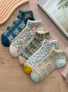 5pairs/pack Women's Thin Floral Patterned Low-cut Socks, Cute Breathable Sweat-absorbent Socks For Daily Wear