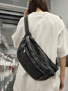 Large-Capacity Breast Bag For Boys Denim Crossbody Riding Bag For Women Korean Version Harajuku Style Ins Textured Shoulder Bag - Black - View 3