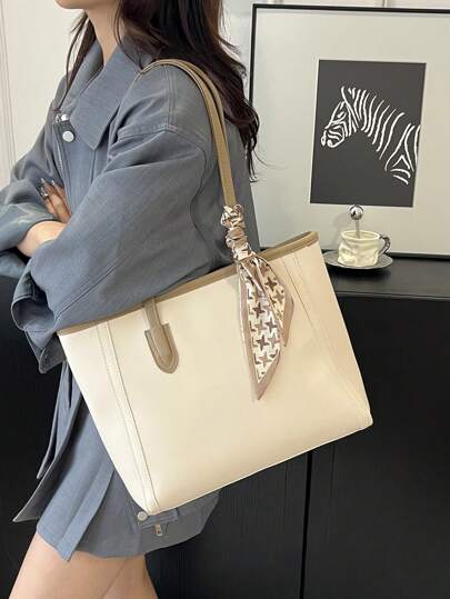 时尚纯色带围巾PU大容量通勤复古简约托特包休闲单肩包百搭手提包适合女性