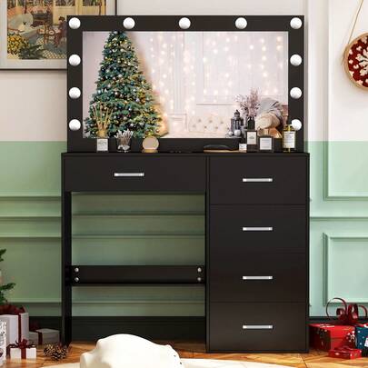 Tocador con 11 luces LED y espejo grande para dormitorio - Perfecto para organizar maquillaje, cuidado de la piel, tocador elegante | Tocador decorativo, mueble de tocador, compacto para espacios pequeños, regalo de decoración de dormitorio, regalo perfecto para mujeres y niñas , Ideal para regalos de Navidad y Halloween.