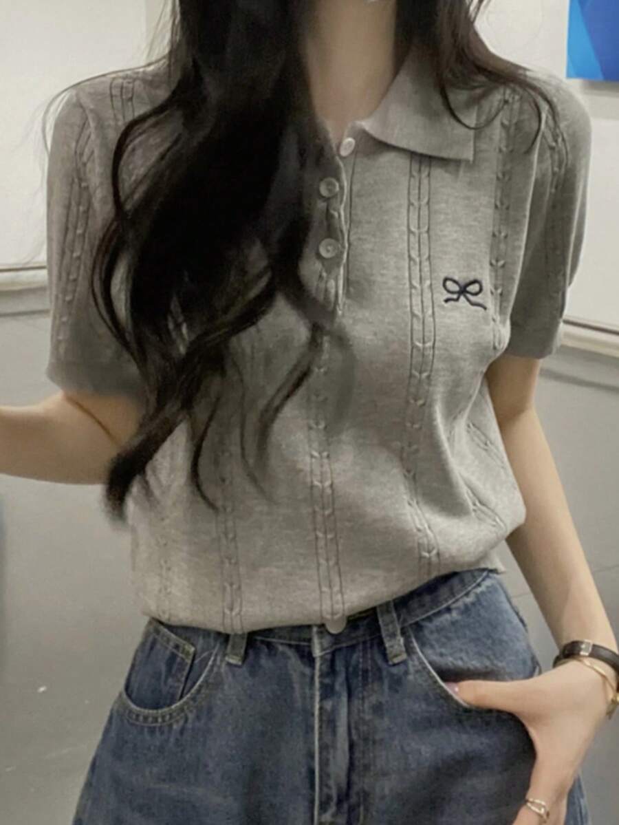 夏季马球领扭结针织刺绣短袖上衣 - 灰色 - 查看 1