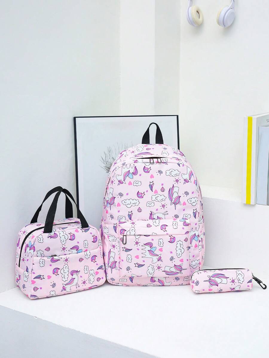 一款经典包包不仅能提升你的时尚品味，还能提升你的自信和个性。3件套午餐袋和笔袋，儿童背包，大学生背包，旅行背包，大号背包，适合女性，粉色，女士笔记本电脑包，时尚简约大容量多口袋背包， - 粉色 - 查看 1