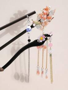 六件套新款中式3D木质发簪，包括粉色五瓣樱花、蓝色圆月、彩色花朵、牡丹花、金色3D小兔子、绿叶装饰和串珠流苏饰品。复古宫廷风发簪，适合搭配汉服、旗袍，打造优雅的日常及派对发髻，也可用作发髻器、发饰、发饰、情人节配饰、女士发饰，春季必备。 - 彩色 - 查看 8