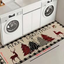 1pc Home Decor, Snowman & Christmas Tree Pattern Print, Christmas, Christmas Gift, Christmas Decoration, Diatomite Kitchen Carpet, Kitchen Mat, Rug, Rectangle Carpet, Suitable For Living Room, Bedroom, Hallway, Bathroom, Laundry Room - Polyester Carpet, Suitable For Indoor And Outdoor Home Decor