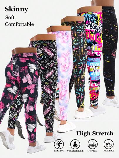 秋冬新品，时尚优雅的女士黑色泼墨印花紧身裤，粉色花卉柔软弹力九分裤，红色爱心字母图案七分紧身裤，适合健身、散步、户外、工作、派对、瑜伽、深蹲、举重、塑身