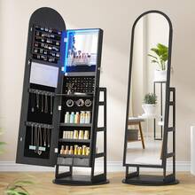 HWB Mirror Jewelry Cabinet With Storage, Arched Jewelry Armoire W/Full Length Mirror & 360° Swivel, Standing Jewelry Holder Organizer For Christmas Gift, Black - Black - View 9