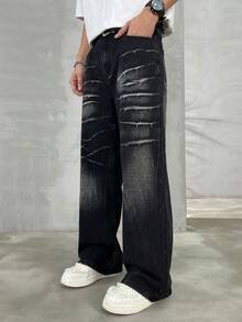 HEHCN Men's Black Loose Fit Jeans, Lightning Scratch Distressed Wash, Fashion Casual Baggy Retro Wide Leg Jeans, Suitable As Gift For Husband, Boyfriend, Grunge - Black - View 4