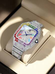 DAYAND NIGHT Luxury Brand Fully Iced-Out Quartz Wristwatch, Unisex Casual Business Watch With High-Quality Rhinestones, Large Size, Multi-Color Options, Versatile For Party, Formal Occasions Or Daily Wear. Perfect Gift For Valentine's Day, Anniversary Or Birthday. Silver Watch, Suitable For Christmas, Halloween