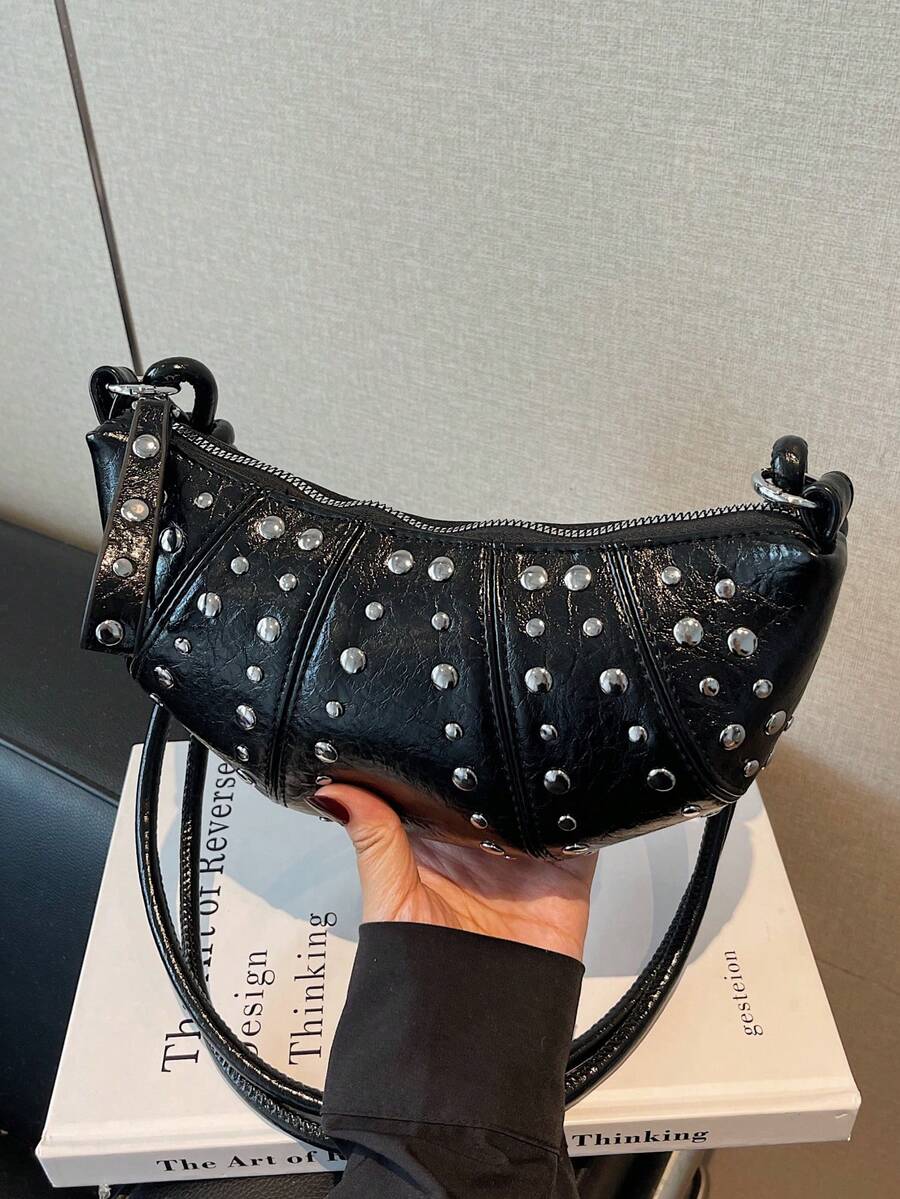 1 件女士纯色 PU 朋克铆钉新月包，高品质独特设计斜挎包 - 黑色 - 查看 1