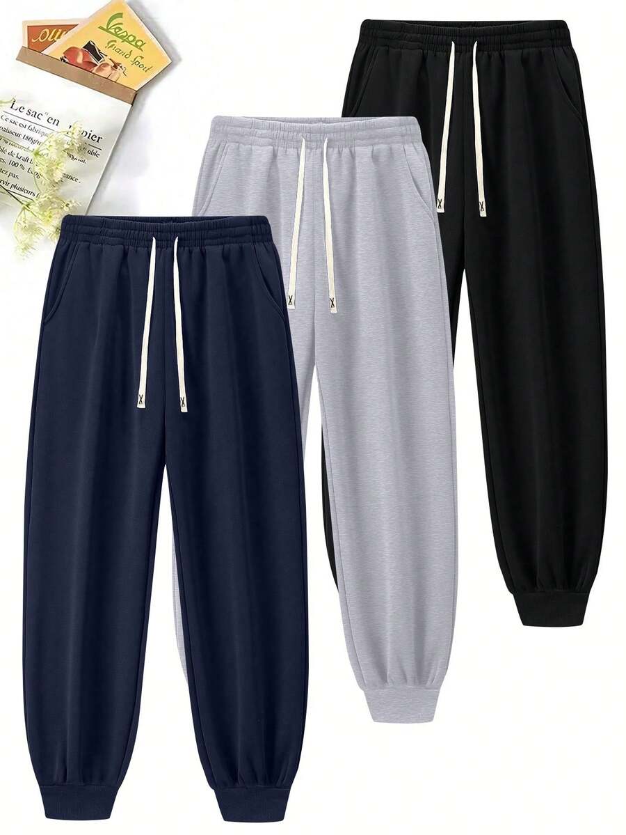 3pcs Men's Solid Color Basic Casual Sweatpants With Pockets, Drawstring Waist, Suitable For Spring, Autumn, Summer Streetwear, Jogging, Travel, Vacation, Outdoor, Commuting, Camping, Ideal Gift For Husband Or Boyfriend - Multicolor - View 1