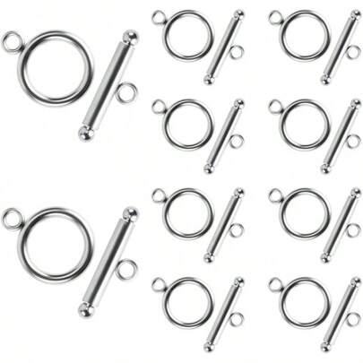 10 Sets Toggle Clasps For Jewelry Making Round Toggle Clasps & T-Bar Clasps Jewelry Clasp And Closure For Necklace Bracelet Stainless Steel Round Ring Toggle Connectors For DIY Craft (Silver)