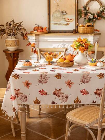 1 件感恩节红色枫叶图案流苏桌布，竹节压花纹理，耐用可洗节日装饰桌布，适用于床头柜、餐桌、晚餐、家庭聚会装饰、日常家居装饰、感恩节装饰、主题派对用品、秋季装饰