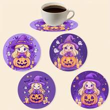 1set/500sets 4pcs/Set Halloween Ghost, Witch Hat, Skeleton, Spider Web, Zombie, Bat, Bare Branch, Tombstone Coasters, Polyester Rubber Coaster Set, Suitable For Bars, Offices, Homes, All Occasions, Size: 3.94 X 3.94 Inches