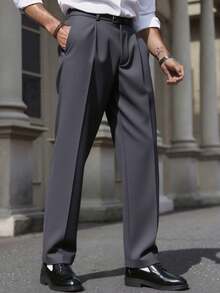 男士黑色褶裥侧袋直筒宽松休闲裤，适合通勤 - 深灰色 - 查看 3