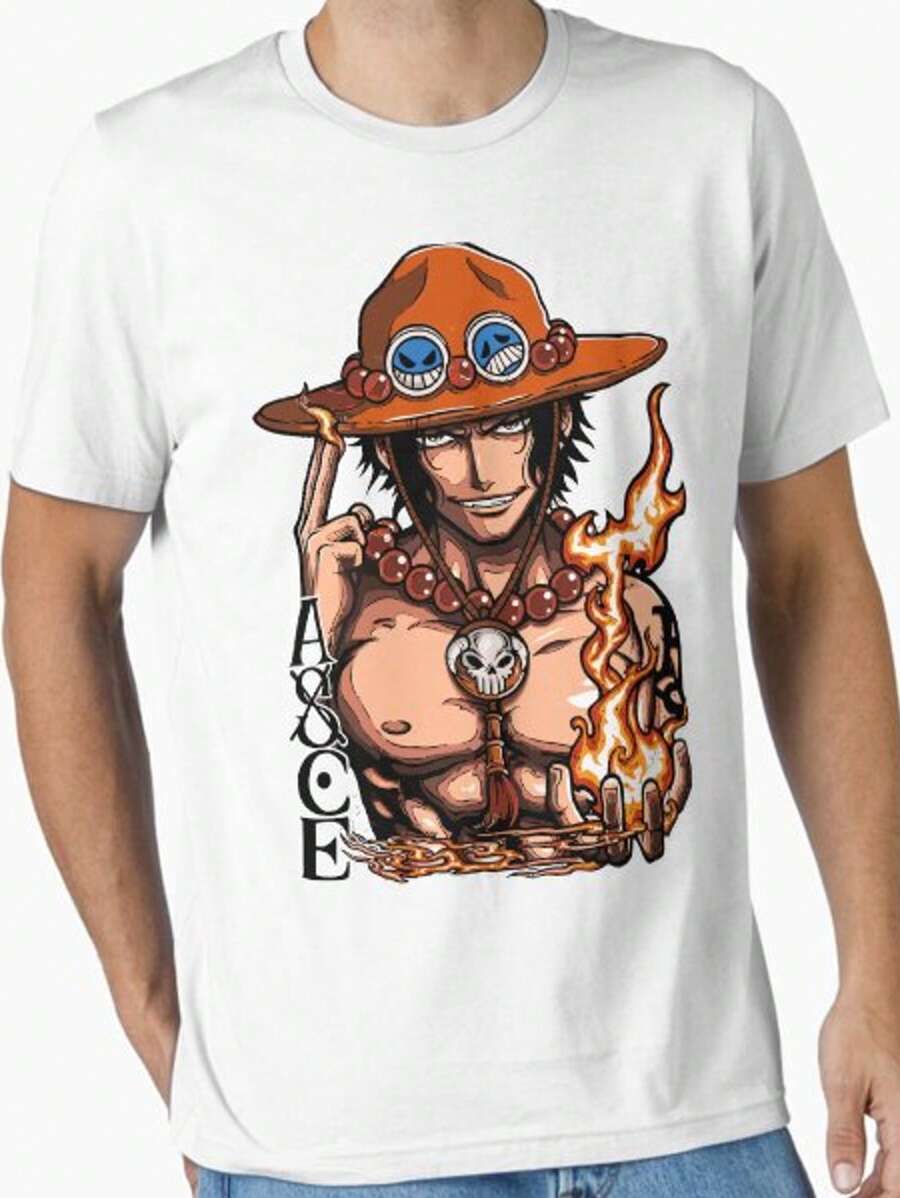 Vintage Men's One Pieces Ace Fiire Fist T-Shirt, Japanese Anime Graphic Crew Neck Tee - Cotton White, Unisex Fit, Four-Season Casual Use, Perfect Gift For Anime Lovers NO.9