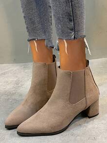 2025 Autumn/Winter New Women's Khaki Short Boots, Pointed Toe Suede Patchwork Elastic Pull-On Chunky Heel Tight Fit Boots, Fashionable Daily Versatile Shoes, Khaki Boots, Women Boots, Women Shoes - Khaki - View 2