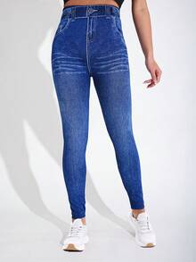 1条装玫瑰花图案女士高弹力紧身打底裤，蓝色仿牛仔破洞外观，柔软舒适，适合健身、跑步、户外、度假、约会、工作、派对、音乐节、秋冬季等场合，舒适保暖。 - 彩色 - 查看 35