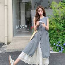 Women's Summer Sleeveless Shirt Dress, Midi Length, Button-Up Front, Round Neck, Simple Layered Look, Mori Girl Style, Loose Fit, Plus Sizes, Tunic Style, Flattering - Gris - Ver 1