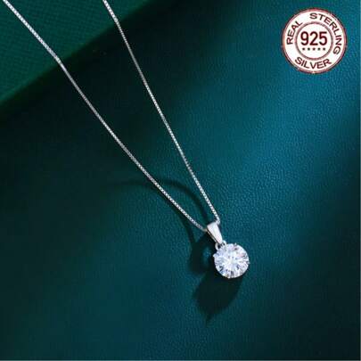 925 Sterling Silver 1 Piece Classic Gloss White 4 Claw Round Cut Cubic Zirconia Inlaid Pendant Exquisite Necklace Elegant Quality Female Clavicle Chain Chain Chain Surprise Daily Jewelry Gift