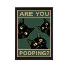 1个木制相框黑猫你在拉屎吗？-搞笑猫咪海报-浴室里的黑猫墙艺术-搞笑黑猫墙艺术帆布海报-浴室厕所装饰 - 彩色 - 查看 1