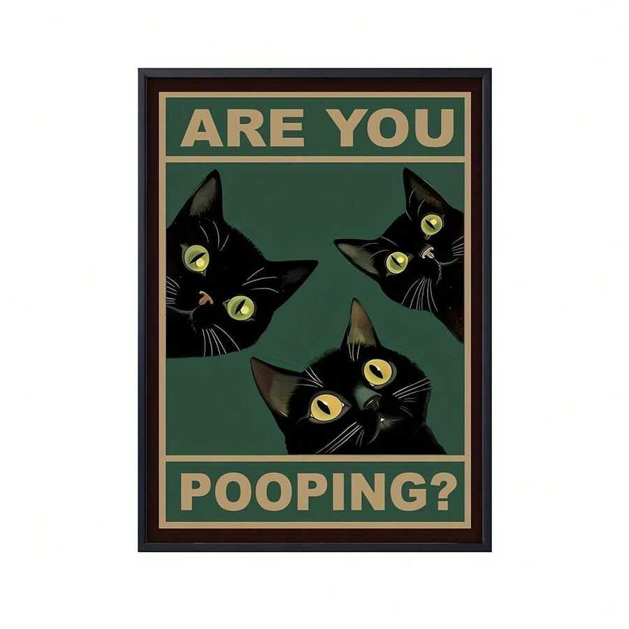 1个木制相框黑猫你在拉屎吗？-搞笑猫咪海报-浴室里的黑猫墙艺术-搞笑黑猫墙艺术帆布海报-浴室厕所装饰 - 彩色 - 查看 1