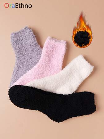 1/4 Pair Women Multicolor Crew Socks, Coral Fleece Comfortable Casual Moisture-Wicking Interesting Novelty Gift Idea, Autumn, Cozy