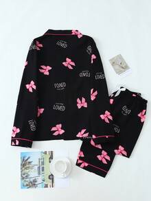 Conjunto de pijama de pantalón y blusa de manga larga con estampado de lazo y efecto arrugado para mujer, ropa de otoño