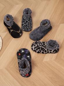 1 Pair Women's Leopard Print Plush Lined Warm Indoor Socks, Thickened Floor Socks/Slippers