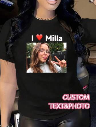 Camiseta holgada para mujer con impresión personalizada de foto y texto, diseño gráfico personalizado, texto/foto personalizada de usted mismo/pareja/familia/amigo/mascota con mensaje de bendición, cuello redondo negro de manga corta, impresión para cumpleaños/fiesta/aniversario, top de verano para mujer, regalo para novia, mejor amiga, vacaciones