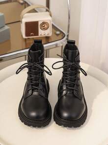 1 Pair Boots, Soft PU Front Lace-Up, Round Toe Thick Sole Height-Increasing British Style Motorcycle Boots, Suitable For Daily School, Vacation, Autumn/Winter New Arrival - Black - View 3