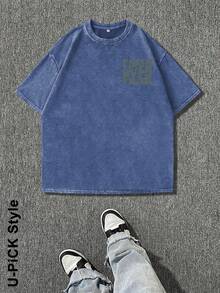 "FAITH OVER FEAR" Creative Pattern Printing Heavy 230g Pure Cotton T Shirt, Washed T-Shirt Men's Vintage T Shirts Basic T-Shirt Loose Hip-Hop Unisex Top Acid Wash T-Shirt - 藍色 - 查看 3