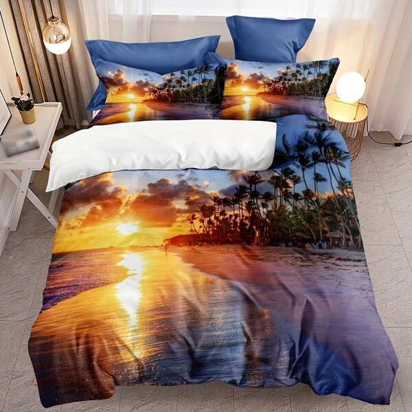 3 pièces Ensemble de literie, Couette imprimée avec coucher de soleil romantique sur la plage, Couette en plumes douce et confortable, Convient pour la chambre à coucher, la chambre d'amis (1*Couette + 2*Taies d'oreiller, Excluant les oreillers)